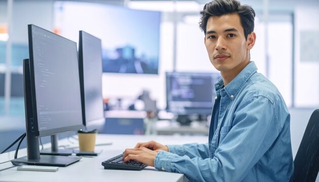Young Asian man working on computer in modern office, coding on screen