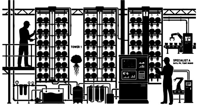 Vertical Farming System, Hydroponic Agriculture Technology, Futuristic Food Production, Industrial Automation, Agricultural Innovation