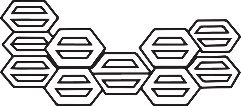 Abstract hexagonal pattern of shapes with internal bars line art doodle style on white hexagon