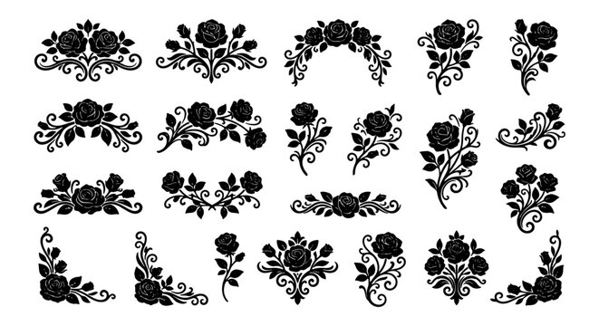 Elegant Black Rose Vector Ornaments, Decorative Floral Flourishes, Vintage Swirls and Filigree Elements, Romantic Design Accents, 25 Vector Graphics