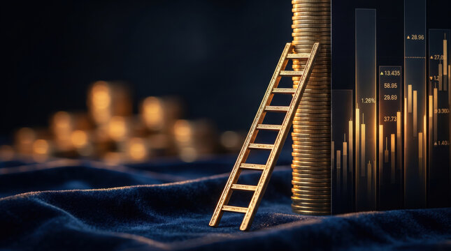 Stock market visual metaphor ladder on gold coin stack