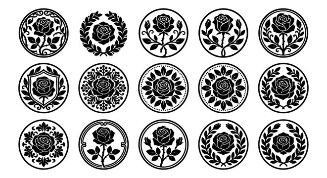 Set of 15 Black Rose Emblems, Circular Floral Crests, Vintage Heraldic Badges, Decorative Monogram Elements, Elegant Botanical Insignias