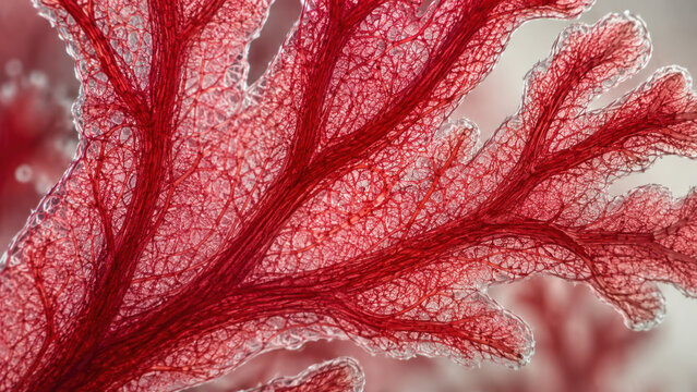 Magnified view of red seaweed reveals beautiful intricate pattern. branching thallus shows delicate filament network, highlighting serene complexity of marine life