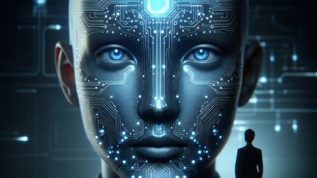 Futuristic AI Human Face with Digital Circuit Brain Technology in Dark Sci-Fi Setting