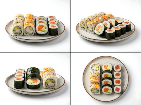 Assorted sushi rolls platter on ceramic plates with japanese assorted culinary restaurant traditional