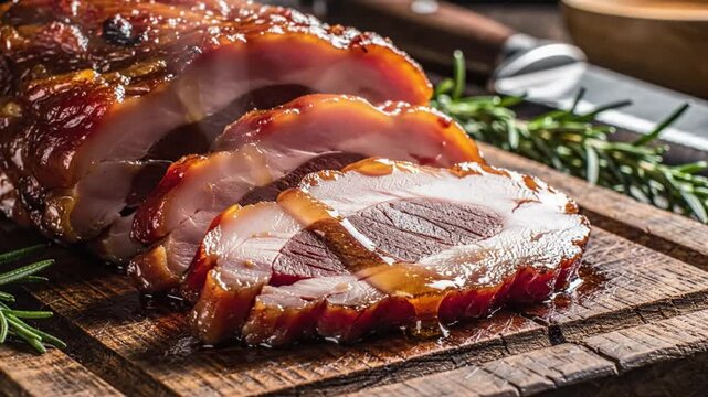 Savory glazed pork ham roast with juicy cuts on rustic wooden cutting board with rosemary, close-up shot