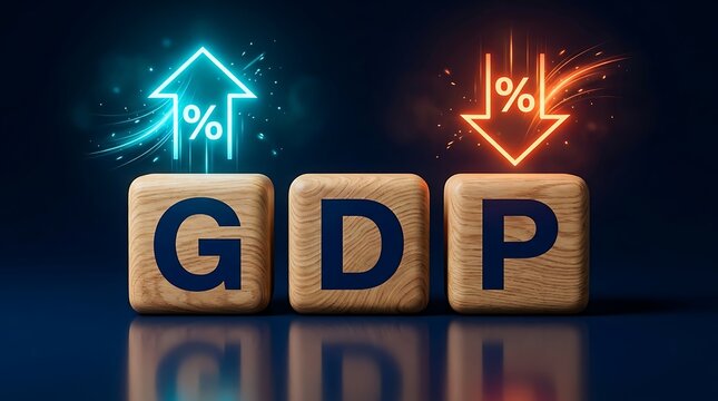 Wooden Blocks Spell GDP with Upward Blue Percentage Arrow and Downward Red Percentage Arrow Symbolizing Economic Growth and Decline