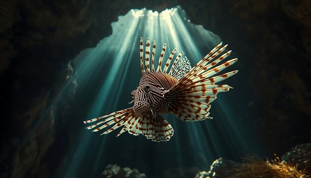 Lionfish swimming in dark underwater cave with dramatic light rays