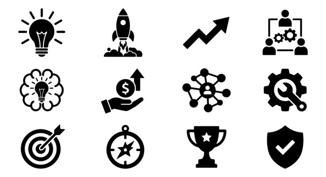 Business Growth Icons: Startup Rocket, Idea Bulb, Financial Success, Teamwork, Strategy, Target, Achievement Trophy, Security Shield, Vector Set