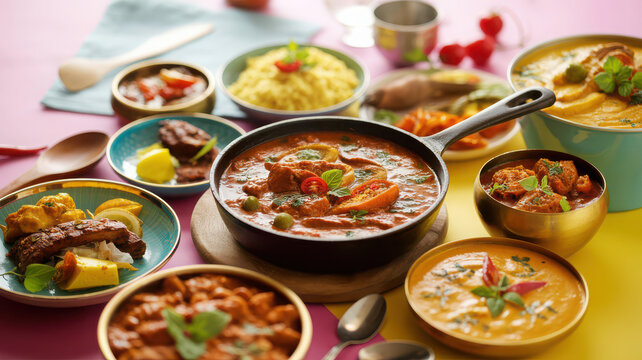 Indian food spread with butter chicken and various curries in colorful bowls on pink background.