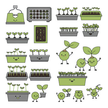 Cute cartoon plant seedlings growing in various containers with happy faces.