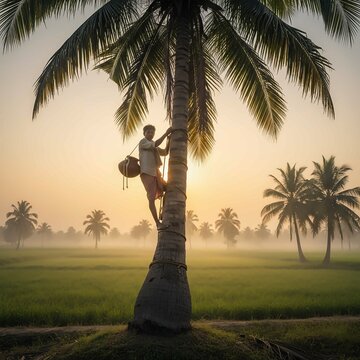 Rural Palm Tapper Climbing Tree at Misty Golden Hour Sunrise
