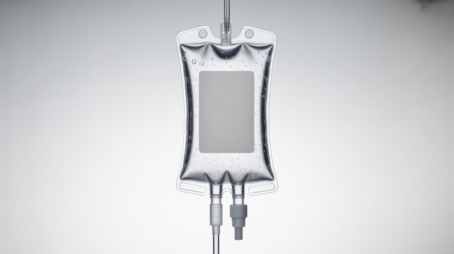 Medical IV bag containing saline solution isolated on white background