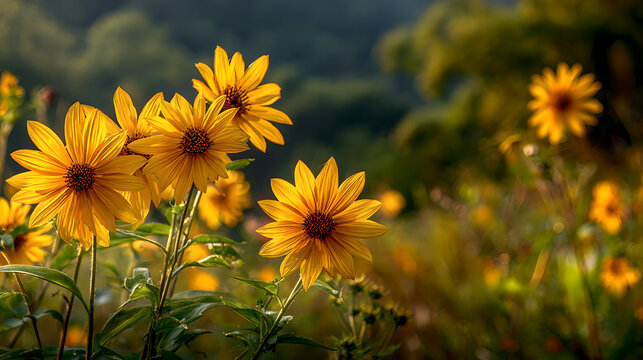 Sunflowers swaying in a field during golden hour, nature scene. gardening catalogs, home-decor guides, designed for home decor and floral branding and gardening and botanical catalogs.adulteration.
