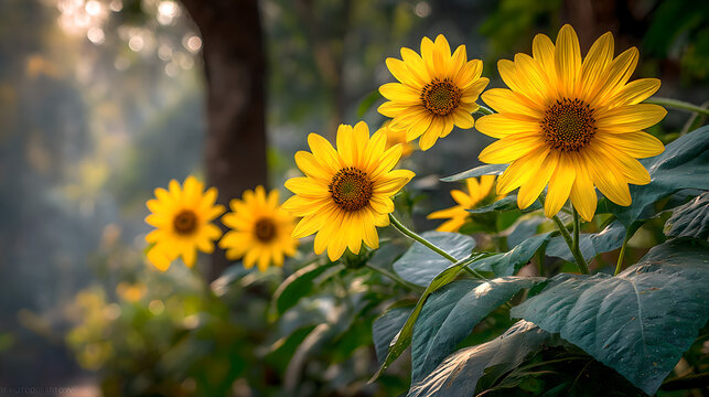 Sunflowers swaying in a field during golden hour, nature scene. gardening catalogs, home-decor guides, designed for home decor and floral branding and gardening and botanical catalogs.adulteration.
