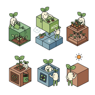 Cute plant characters growing in isometric cubes representing gardening and growth.