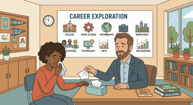A flat vector illustration of a student crying softly in a counselor's office, with the counselor offering a tissue and a reassuring look, emphasizing social support and crisis intervention. 
