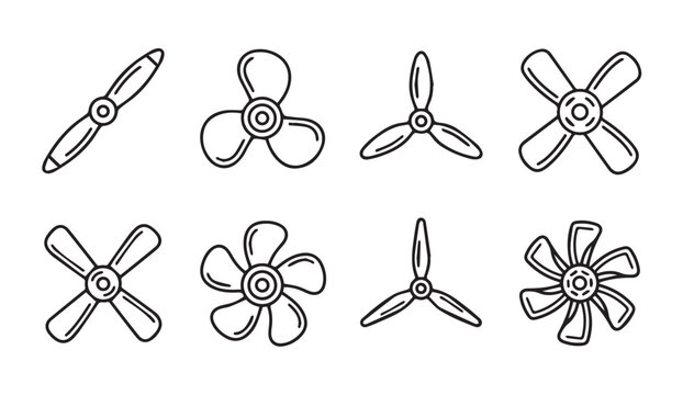 Eight diverse fan blades and propellers in a simple line drawing style on a white background
