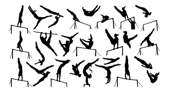 Gymnastics Silhouettes Collection: Dynamic Poses on Parallel Bars, Artistic Athletes in Motion, Sports Performance Vector Graphics for Fitness and Competition