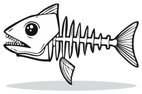 Cartoon fish skeleton illustration showing teeth, fins, spine, and tail, side view