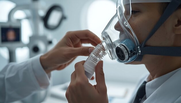 Medical professional adjusting a respiratory mask on a patient during a diagnostic lung function test in a clinical laboratory setting