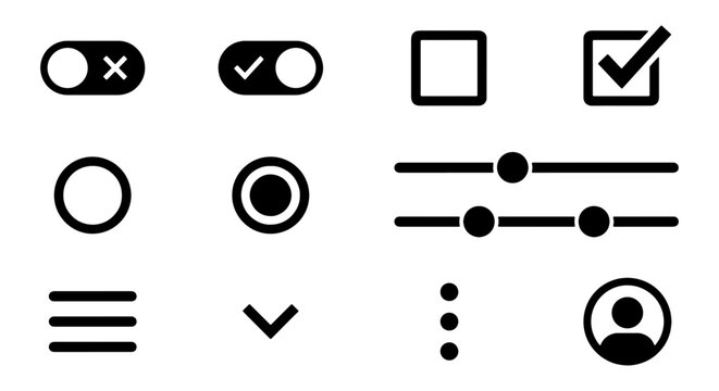 Modern UI Elements Set: Toggle Switches, Checkboxes, Radio Buttons, Sliders, Hamburger Menu, User Icon, Dropdown Arrow, Loading Dots - Vector Icons for Web and App Design