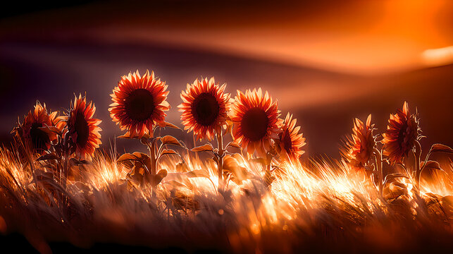 Sunflowers swaying in a field during golden hour, nature scene. gardening catalogs, home-decor guides, designed for home decor and floral branding and gardening and botanical catalogs.adulteration.