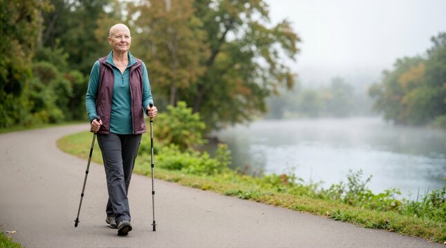 Senior bald cancer patient nordic walking on a path by a river. Active elderly woman exercising outdoors during chemotherapy recovery. Health and wellness concept