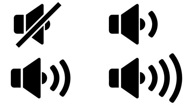 Sound Volume Icons Set, Mute Speaker Symbol, Audio Level Indicators, Vector Graphics for Media Controls