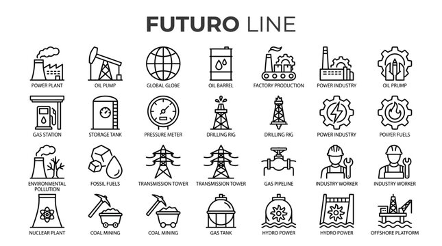 Futuro Line: a detailed collection of futuristic technology and industry icons in a clean line style for graphic design