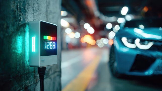 Close up electric vehicle charger display with illuminated screen showing charging status and numbers for parking station background