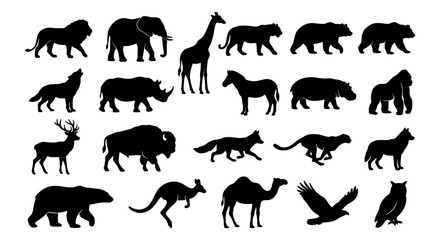 Diverse Wildlife Silhouette Collection, African Safari Animals, Forest Creatures, Zoo Mammals, Vector Graphics for Nature and Education © Jahidul