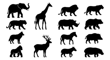 African Wildlife Silhouette Collection: Elephant, Giraffe, Lion, Tiger, Rhino, Bear, Wolf, Deer, Zebra, Wild Boar, Gorilla, Hippopotamus Vector Icons © Jahidul