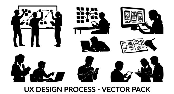 UX Design Process Vector Pack: Team Collaboration, Wireframing, Prototyping, User Interface Development, and Digital Workflow Illustrations