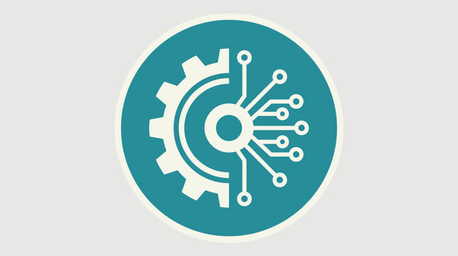 Circular tech emblem featuring a gear and circuit network, symbolizing automation, AI, robotics, engineering, and digital innovation