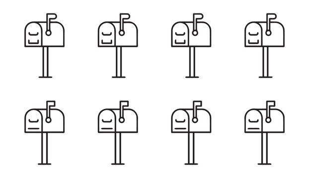 Eight identical mailboxes in a row with closed lids and flags up on white background vector graphic