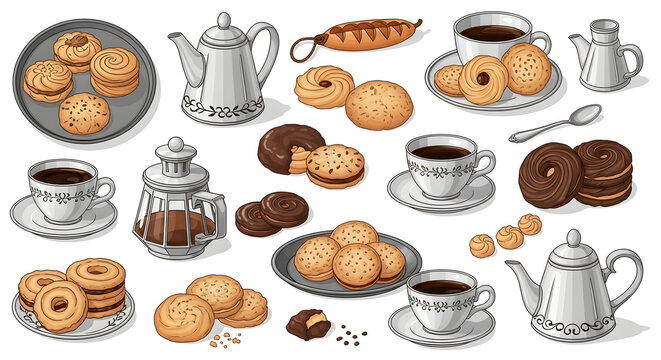 Vintage style vector illustration of coffee and dessert elements. Hand drawn collection of chocolate cookies, shortbread biscuits, silver teapots, and espresso cups for menu design.