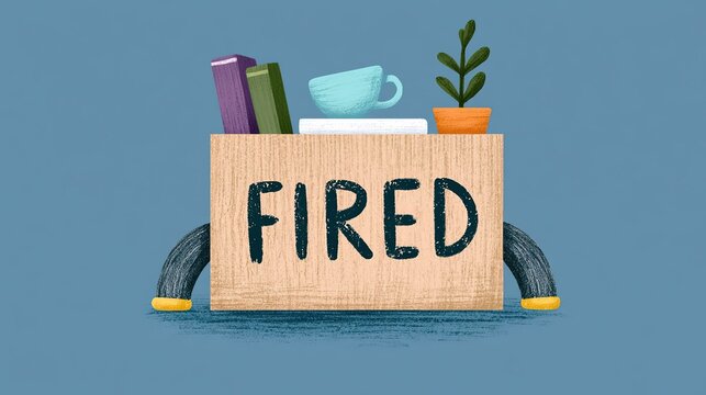 Vibrant bold graphic illustration with detached grayscale yellow-cuffed hands holding brown moving crate marked fired text, filled with books, mug, potted plant and cube against vivid blue backdrop