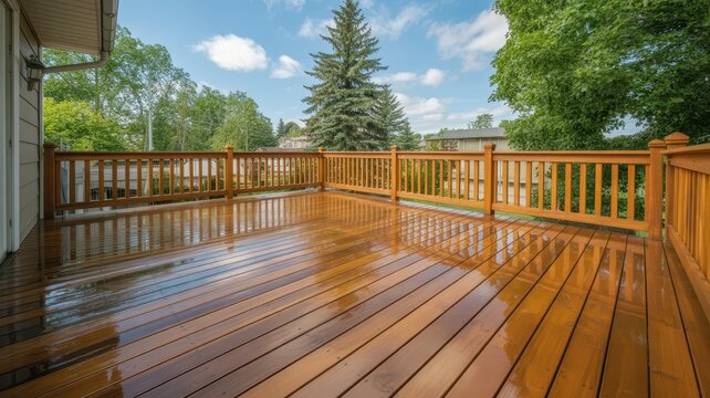 Wet wooden deck on a sunny day