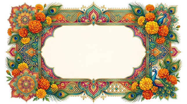 Vibrant Decorative Frame with Marigold Flowers and Peacock Feathers, Perfect for Indian Festival Invitations and Cultural Announcements