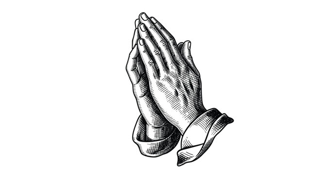 Detailed hand drawn sketch of two hands joined together in a gesture of prayer or meditation on a white background.