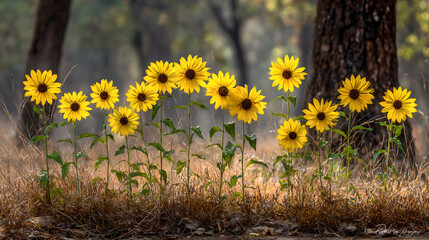 Obraz premium Sunflowers swaying in a field during golden hour, nature scene. gardening catalogs, home-decor guides, designed for home decor and floral branding and gardening and botanical catalogs.adulteration.