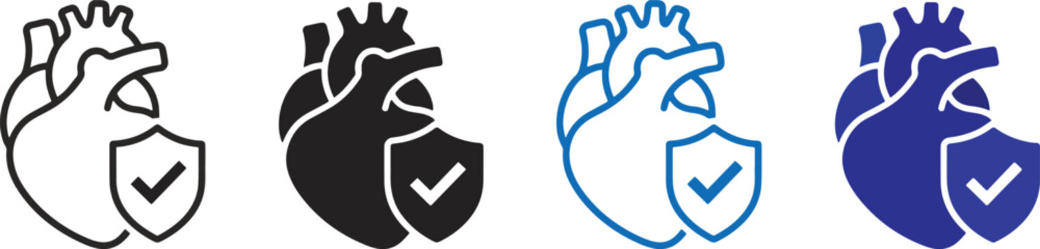 Heart protection icon set. medical care with shield and check mark. healthcare and safety concept. vector illustration. new