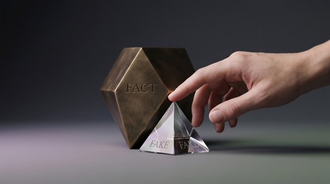 Human finger touches transparent glass pyramid labeled fake beside a large brushed bronze geometric fact sculpture shape