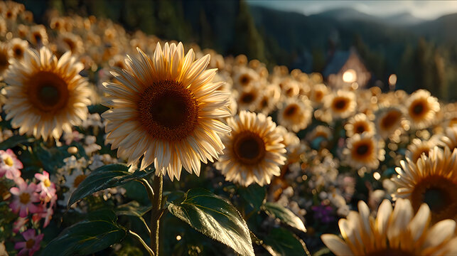Sunflowers swaying in a field during golden hour, nature scene. gardening catalogs, home-decor guides, designed for home decor and floral branding and gardening and botanical catalogs.adulteration.