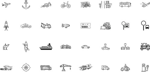 Fototapeta premium 2. Transport thin liner icon set. Containing Airplane, Anchor, Bicycle, Bus, Helicopter, Taxi, Cruise Ship. Editable vector illustrations. 