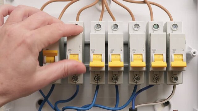 Hand turns on alternately electric circuit breakers installed in electrical panel of box on wall indoors close-up