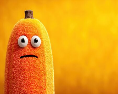 Silly orange banana cartoon character on yellow background, April Fools Day horizontal banner
