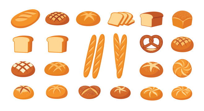 Varied collection of bread types including loaves, baguettes, buns, pretzels, and sliced bread in warm golden brown tones.