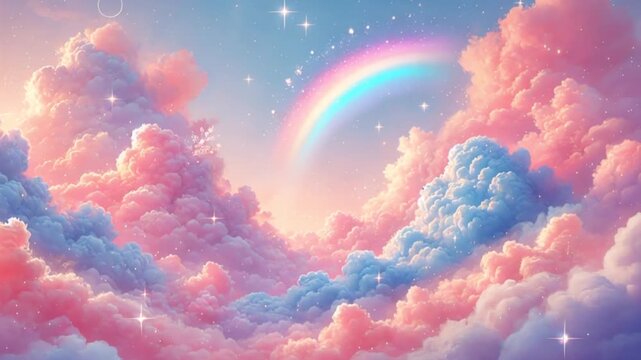 Video of dreamy pastel sky filled with soft, fluffy clouds in shades of pink, lavender, and baby blue
